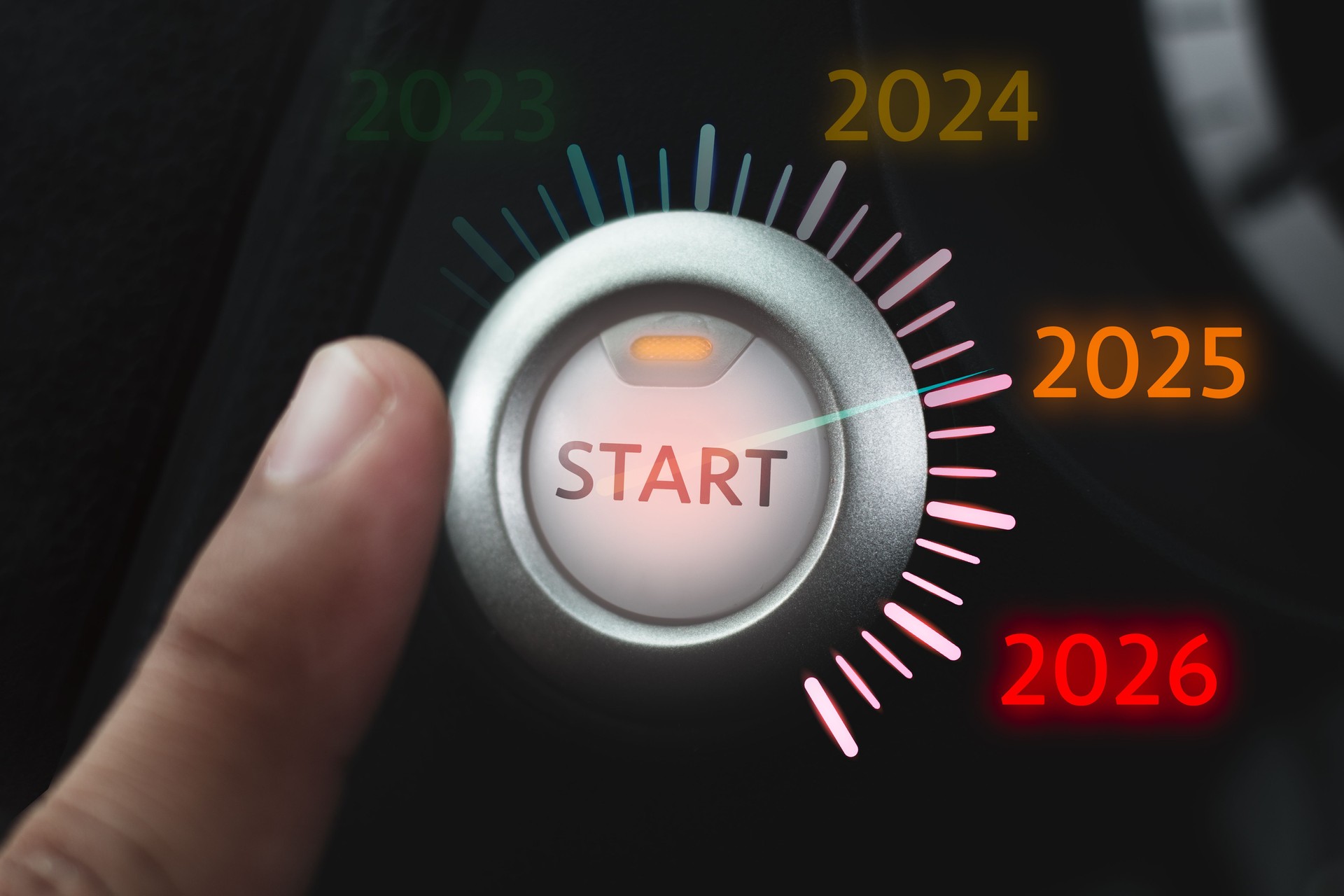 Finger presses start button with virtual text 2025