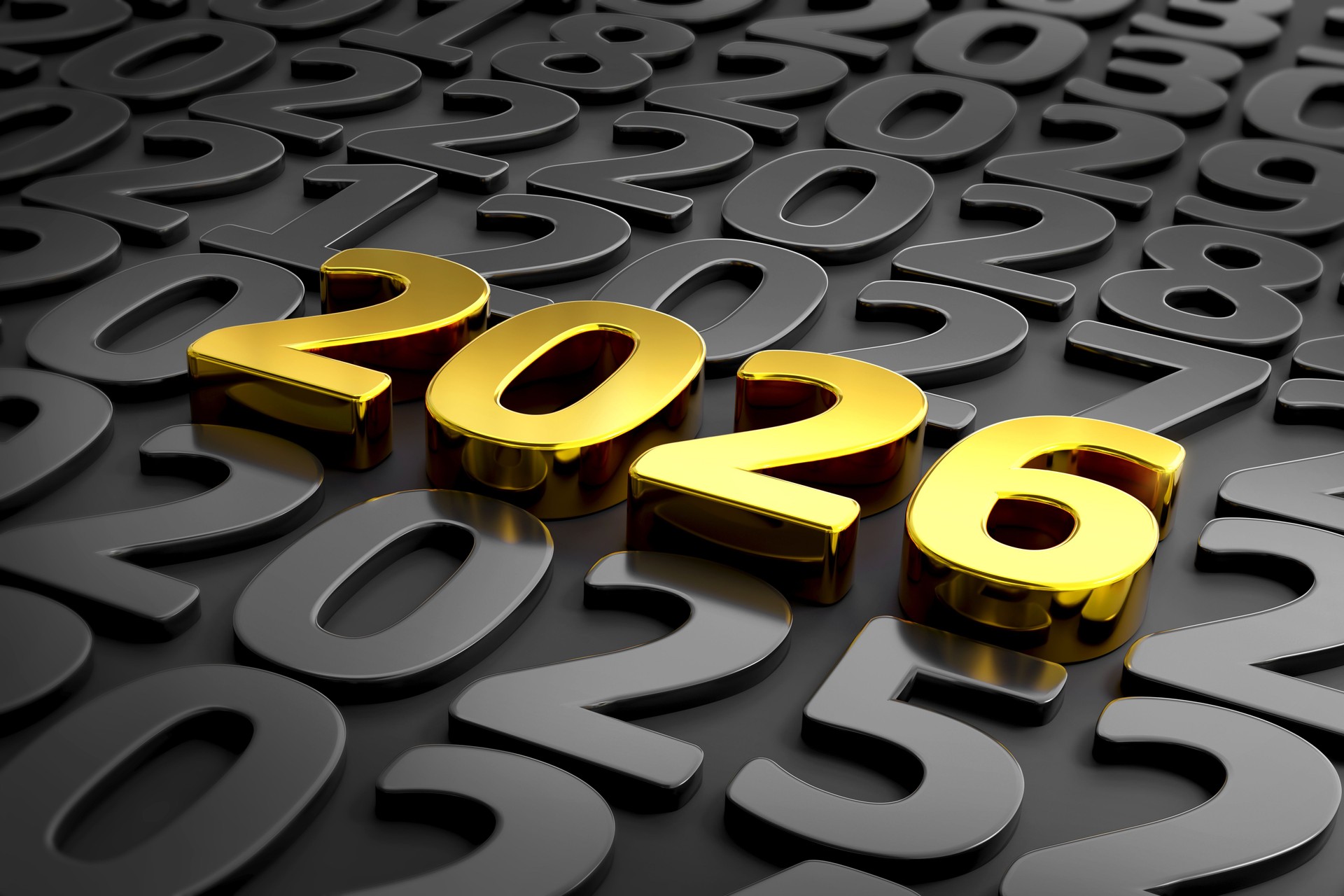 Golden number 2026 on black background. Start of New Year's concept